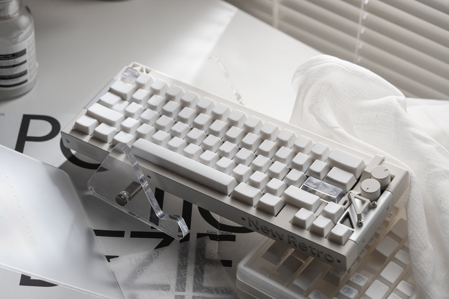 LeleLab Hokkaido White Cherry profile keycaps on an official demonstration keyboard